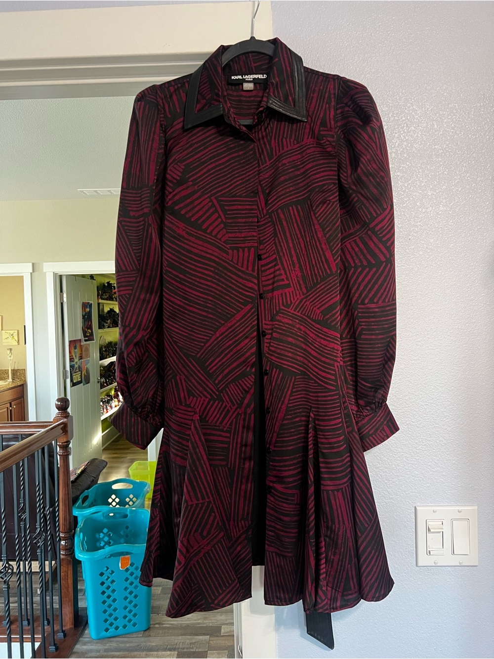 Karl Lagerfeld Black & Burgundy Geometric Long-Sleeve Dress